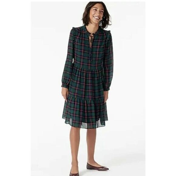 J. Crew Tie-Neck Tiered Dress in Black Watch Tartan Size Medium - Picture 1 of 5